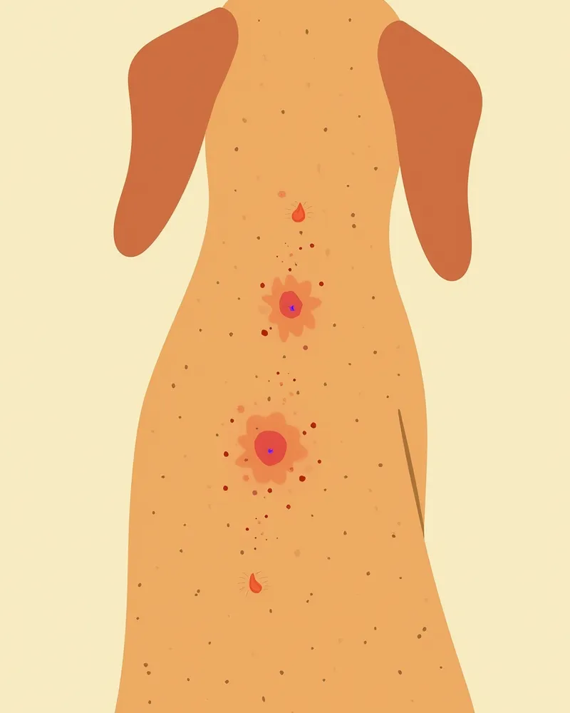 강아지 뒷부분의 붉은 자국과 검은 점(벼룩 배설물)이 있는 근접 촬영