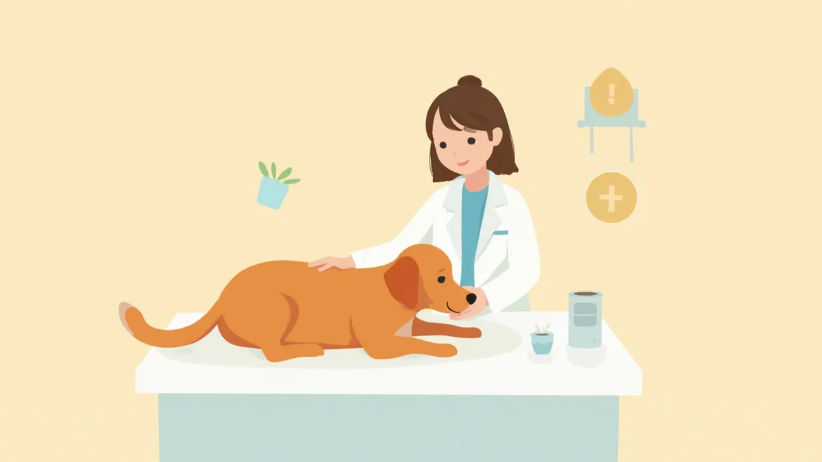 수의사에게 진료를 받고 있는 차분한 강아지