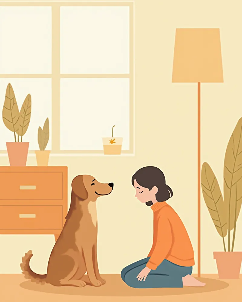 불안해하는 강아지를 걱정스럽게 지켜보는 보호자