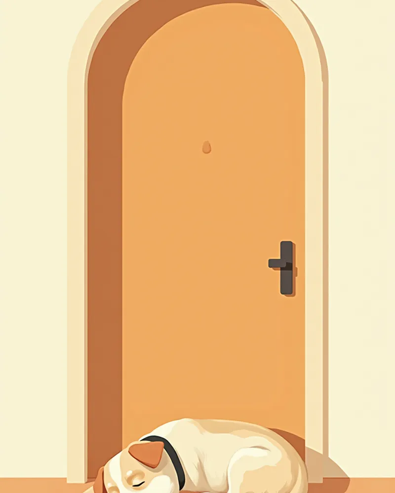 현관 앞에서 차분하게 누워 있는 강아지