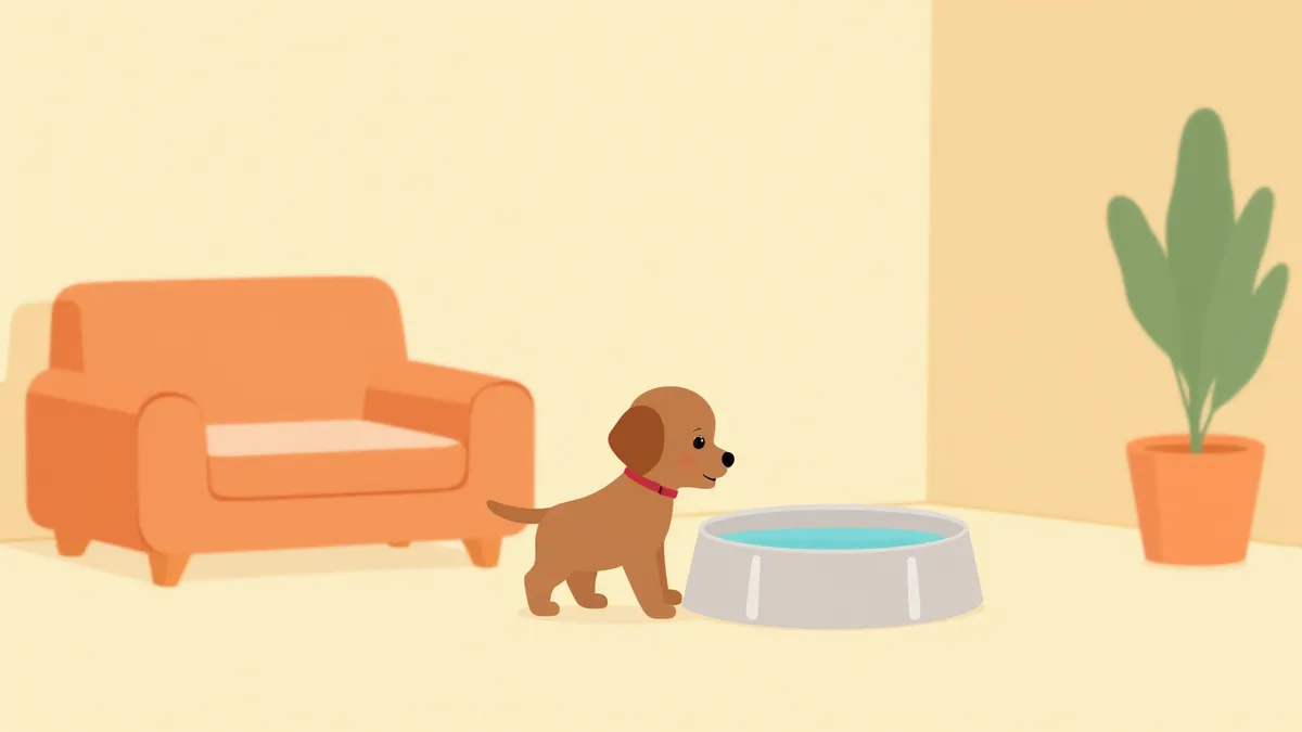 물그릇 앞에 앉아있는 강아지