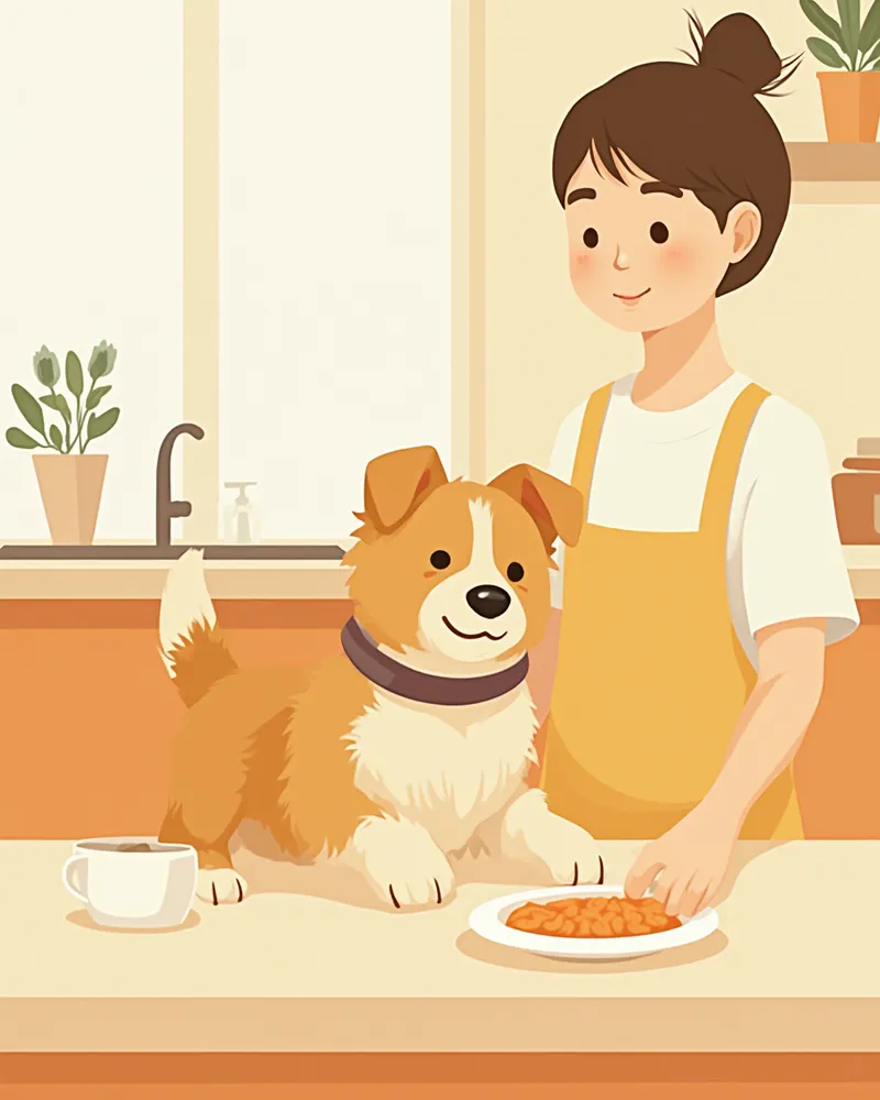강아지 밥에 소화효소 분말을 섞는 보호자