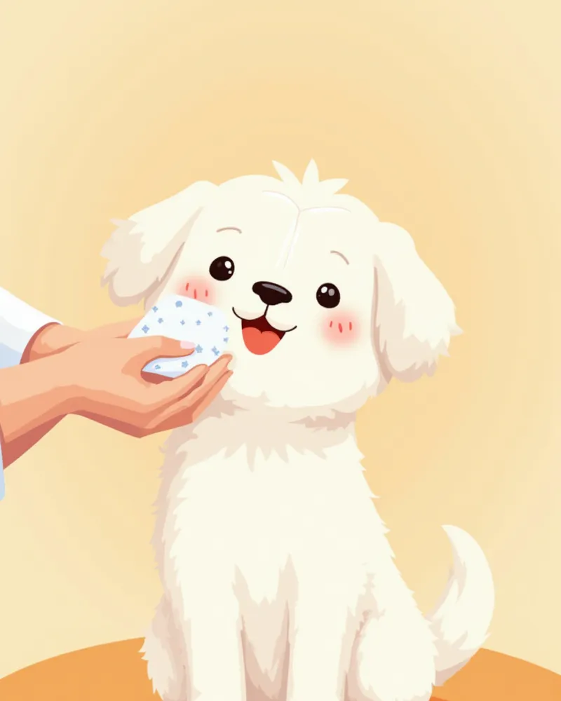 보호자가 강아지 눈 주변을 닦아주는 일러스트