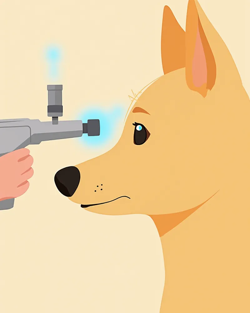 세극등 현미경으로 강아지 눈을 검사하는 모습