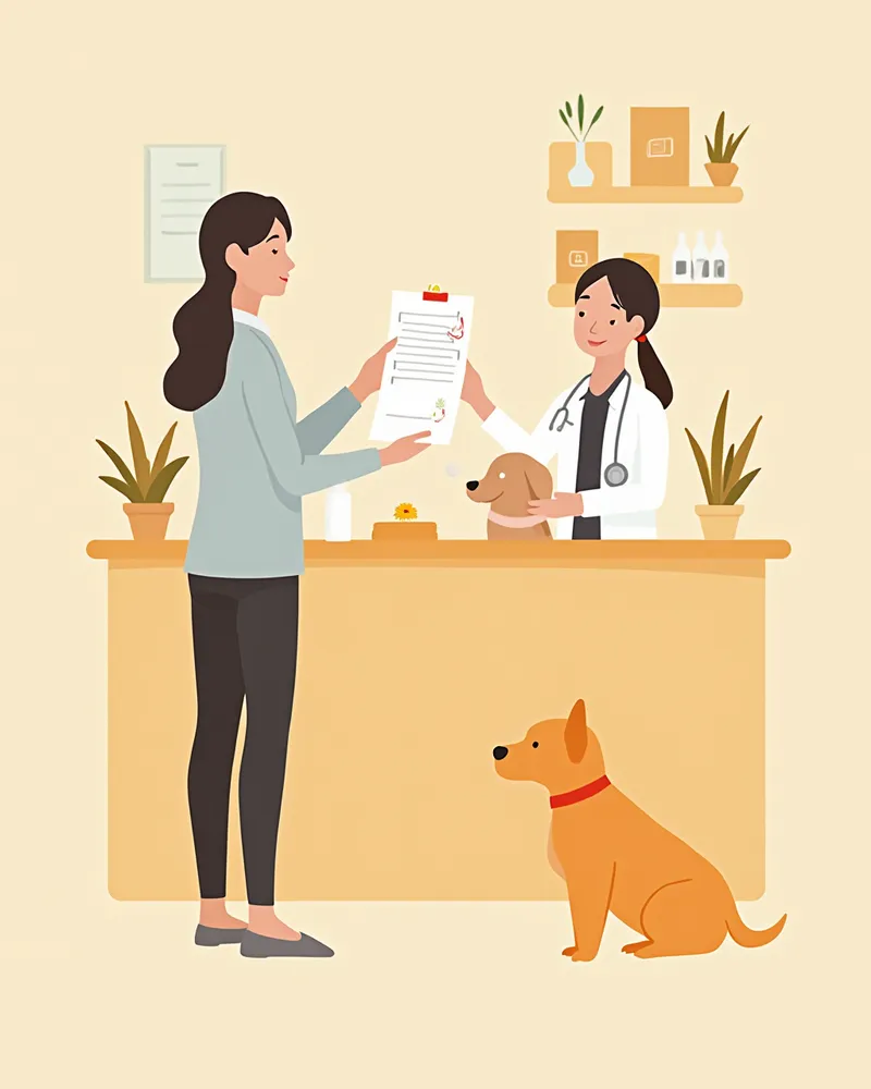 동물병원 접수대에서 의뢰서를 전달하는 모습