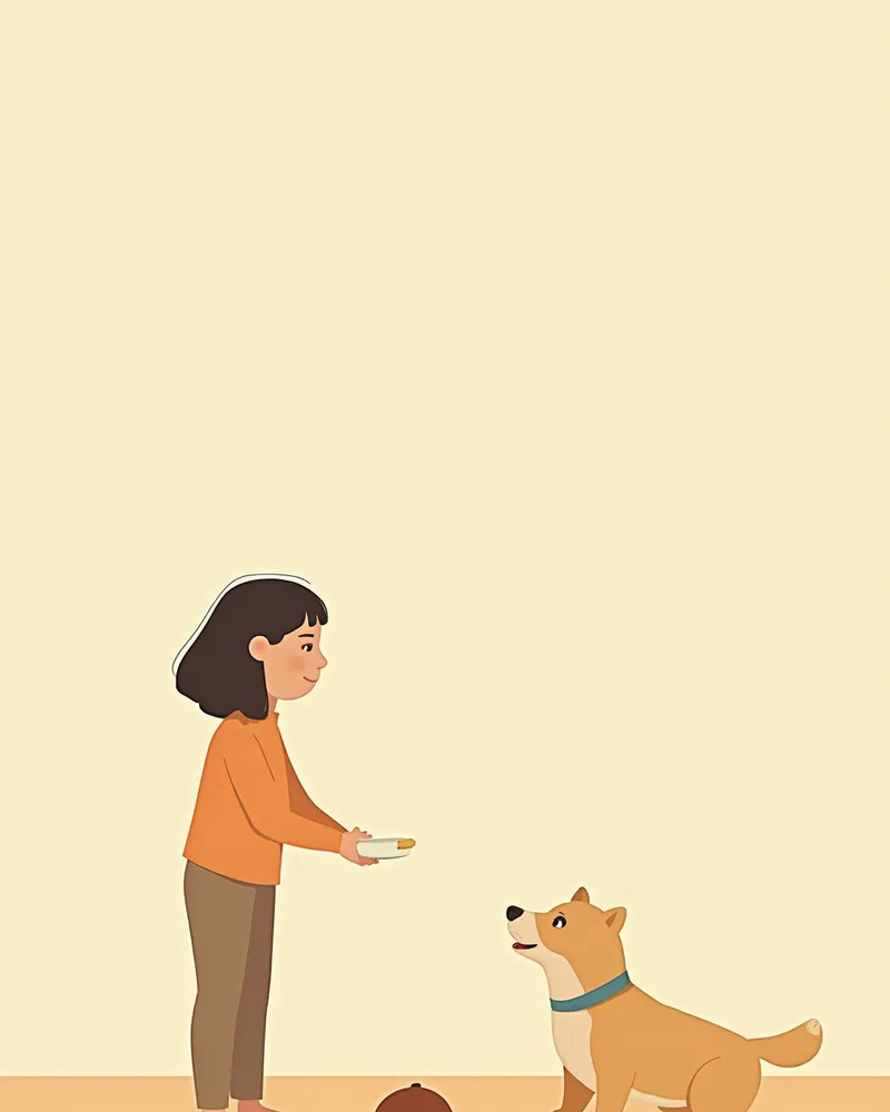 바닥에 놓인 모자 옆에서 간식을 받는 강아지