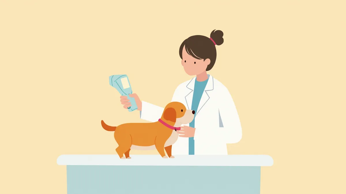 수의사가 강아지의 체온을 직장 체온계로 재고 있는 모습