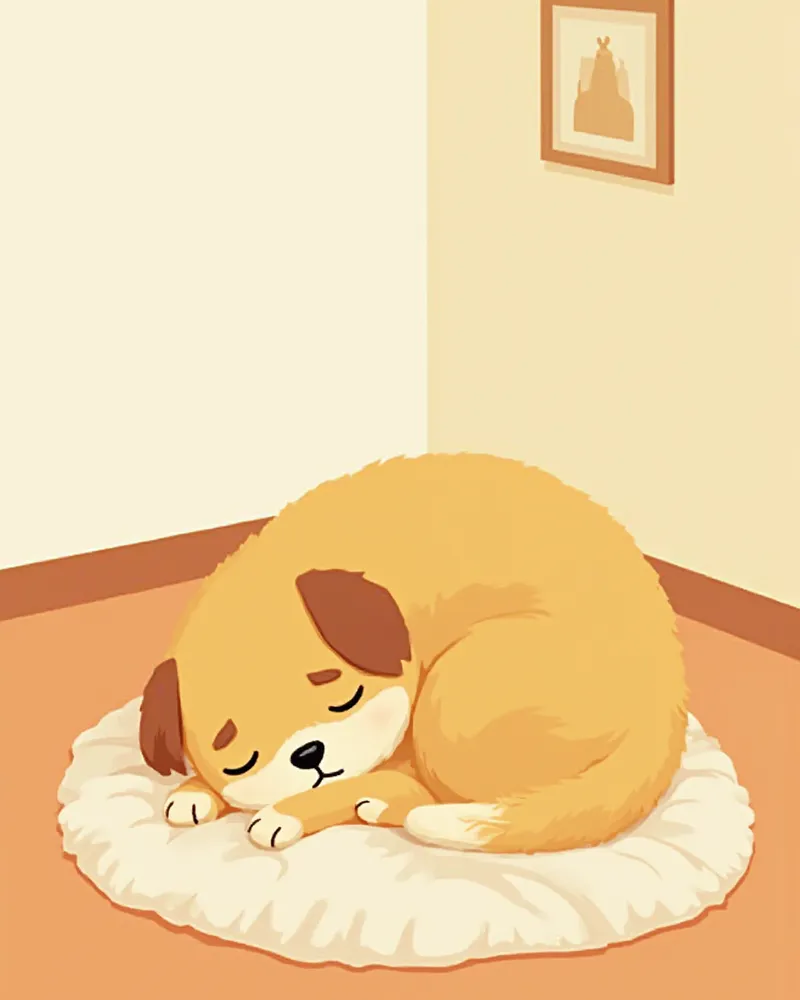 담요 위에 웅크려 누워있는 무기력한 강아지