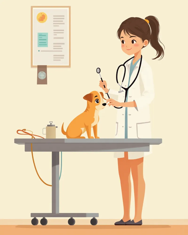 진료실에서 청진기로 강아지를 진찰하는 수의사