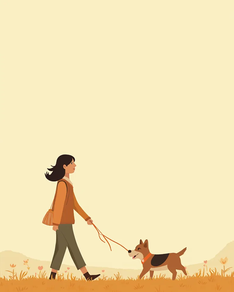 이른 아침 잔디밭을 산책하는 건강한 강아지