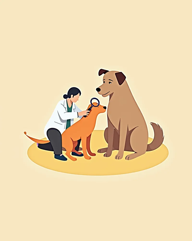 수의사가 강아지의 피부를 확대 렌즈로 검사하는 모습