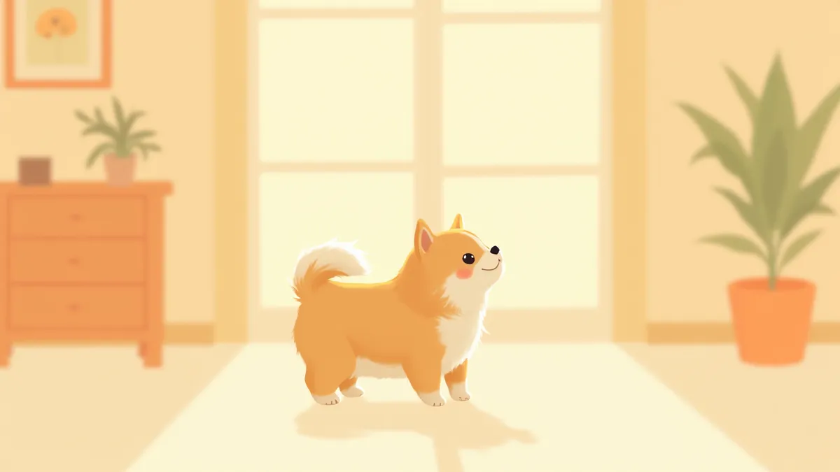 보호자를 부드러운 눈빛으로 올려다보며 따라가는 강아지