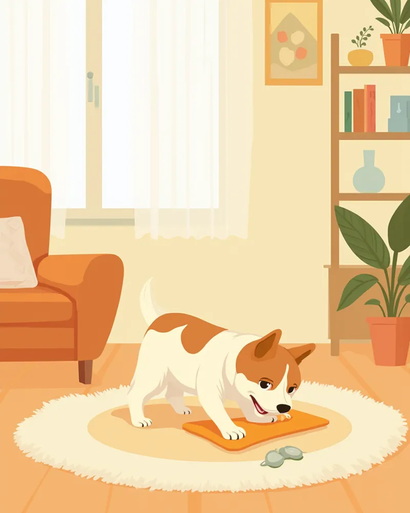 노즈워크 매트를 가지고 혼자 즐겁게 노는 강아지