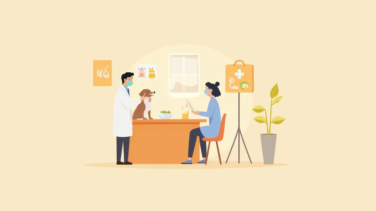 수의사와 보호자가 강아지 식이 알러지 사료에 대해 상담하는 모습