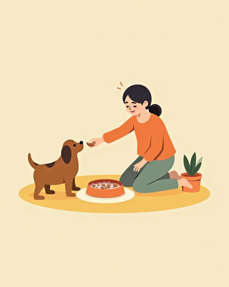 강아지에게 간식으로 긍정 강화 훈련을 하는 보호자