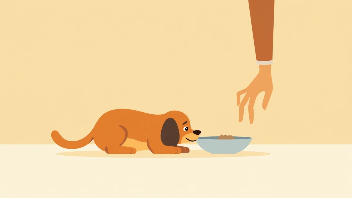 밥그릇 앞에서 식사 중인 강아지에게 손이 조심스럽게 다가가는 장면