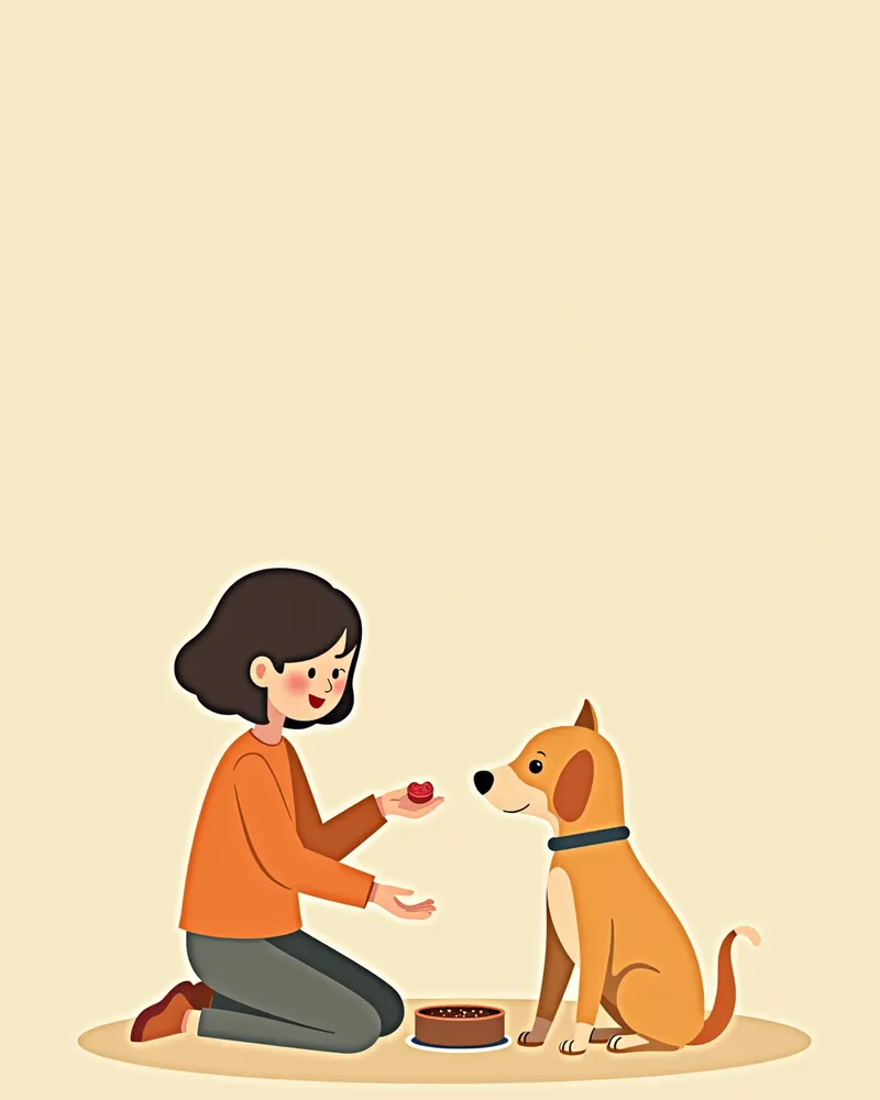 밥그릇 근처에서 보호자가 간식을 손바닥에 올려 강아지에게 건네는 훈련 장면