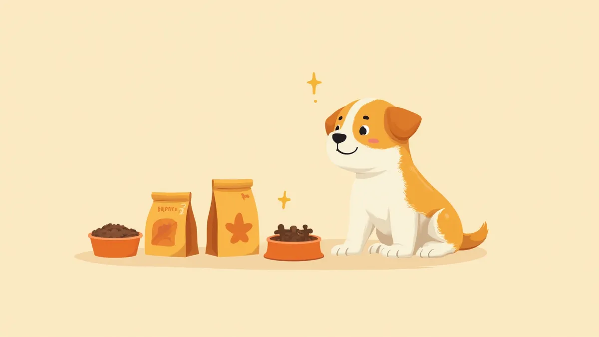 여러 종류의 사료 앞에 앉아 있는 강아지 일러스트
