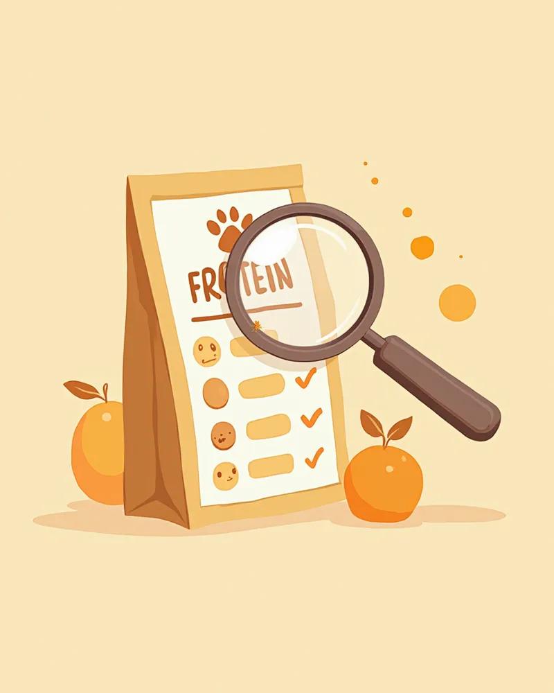 사료 성분표를 돋보기로 확인하는 일러스트