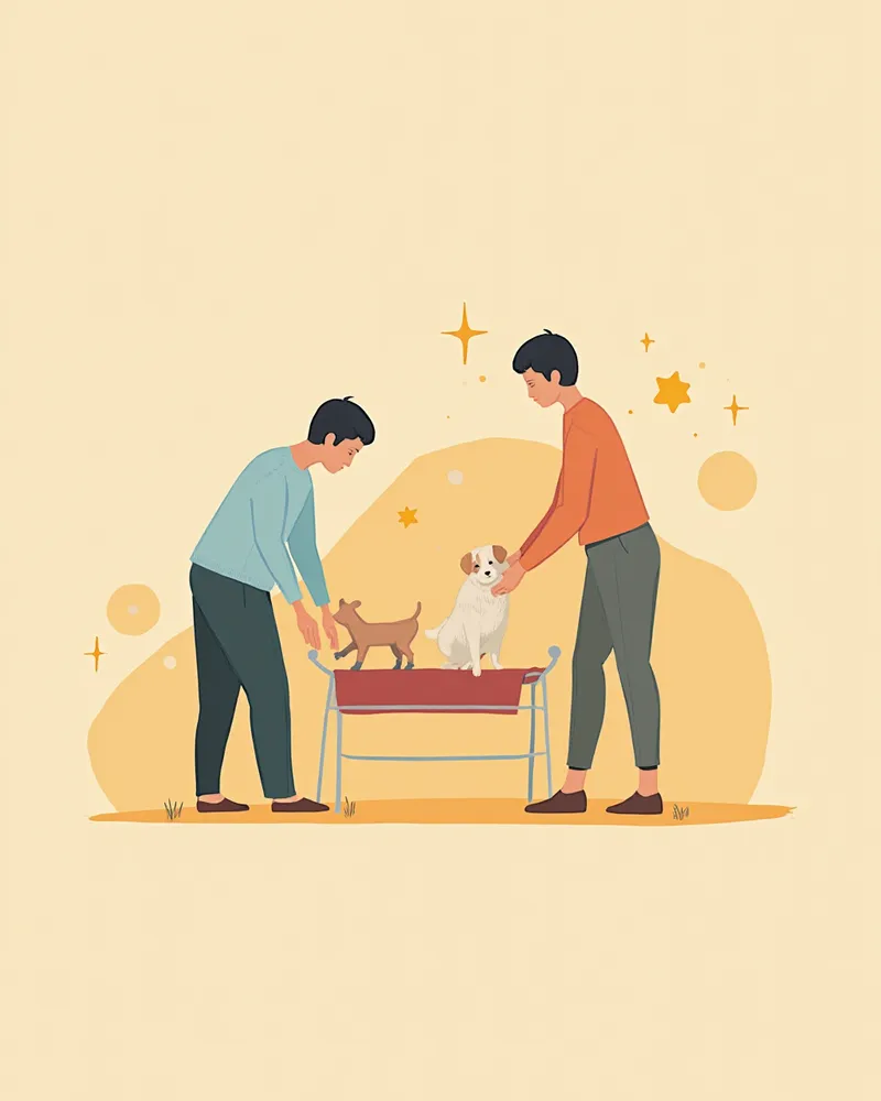 보호자가 다친 강아지를 수건으로 감싸 평평한 판 위에 올리는 모습