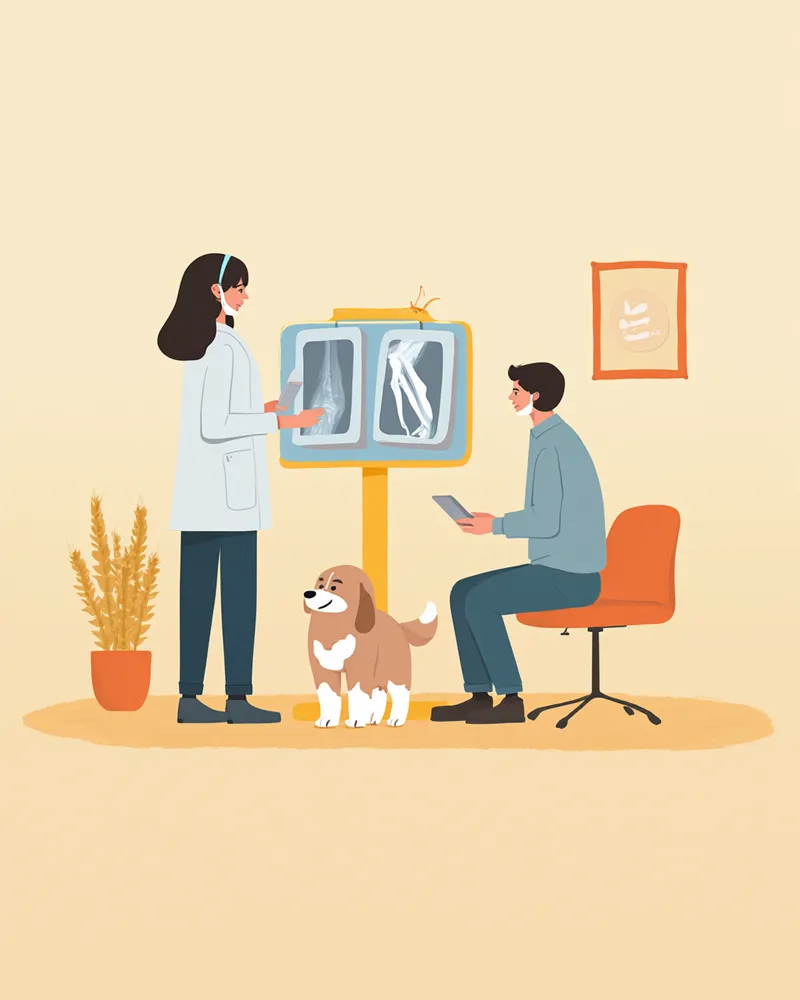 수의사가 보호자에게 강아지 다리 엑스레이 사진을 보여주는 모습