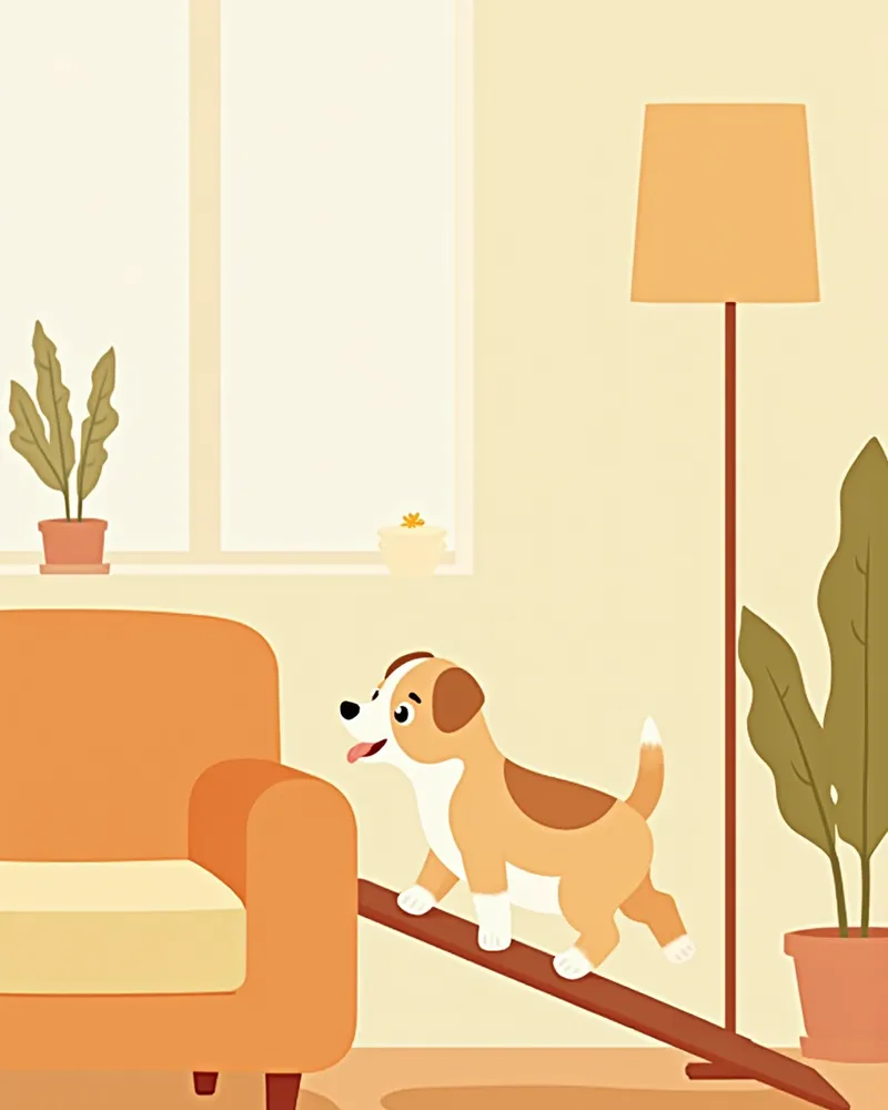 거실 소파 옆에 설치된 반려견 경사로를 걸어 올라가는 강아지