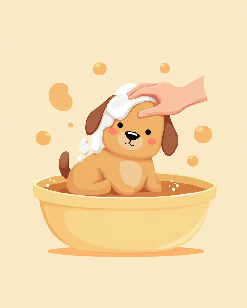 항진균 샴푸로 목욕하는 강아지 일러스트