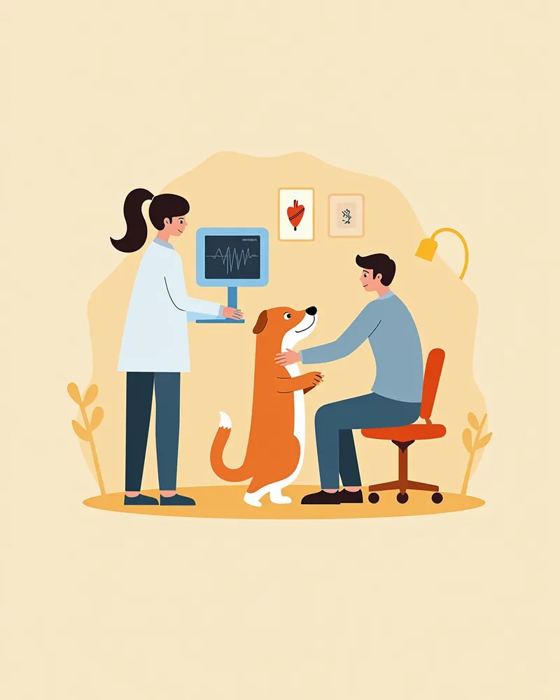 수의사가 강아지의 심장 초음파 검사를 진행하는 모습, 모니터에 심장 기능이 표시됨