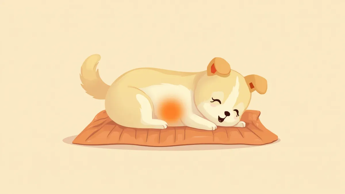 배가 불편해 담요 위에 누워 있는 강아지