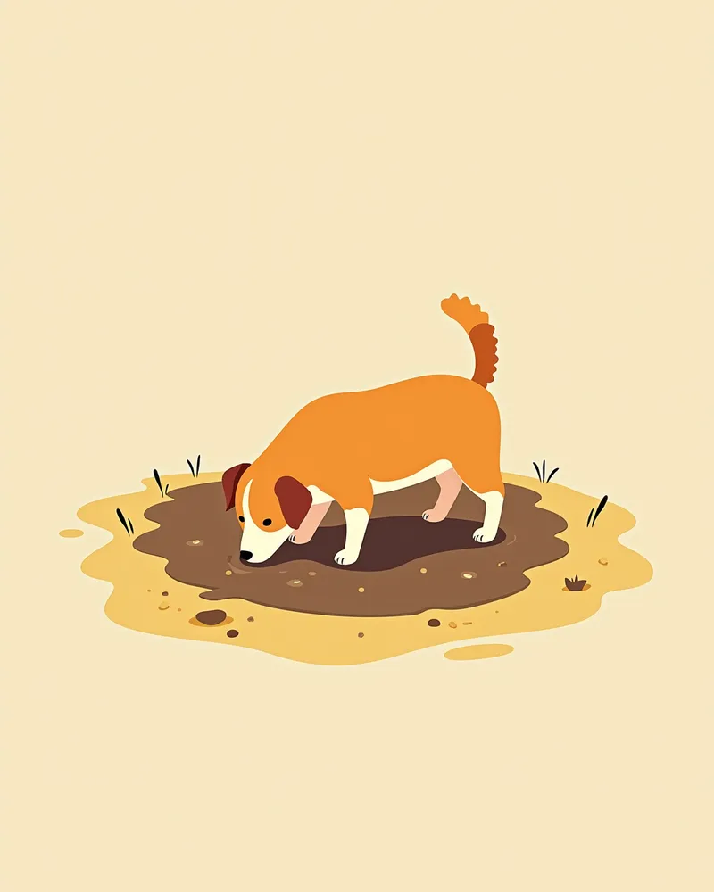강아지가 야외에서 흙 puddle에서 물을 마시는 모습