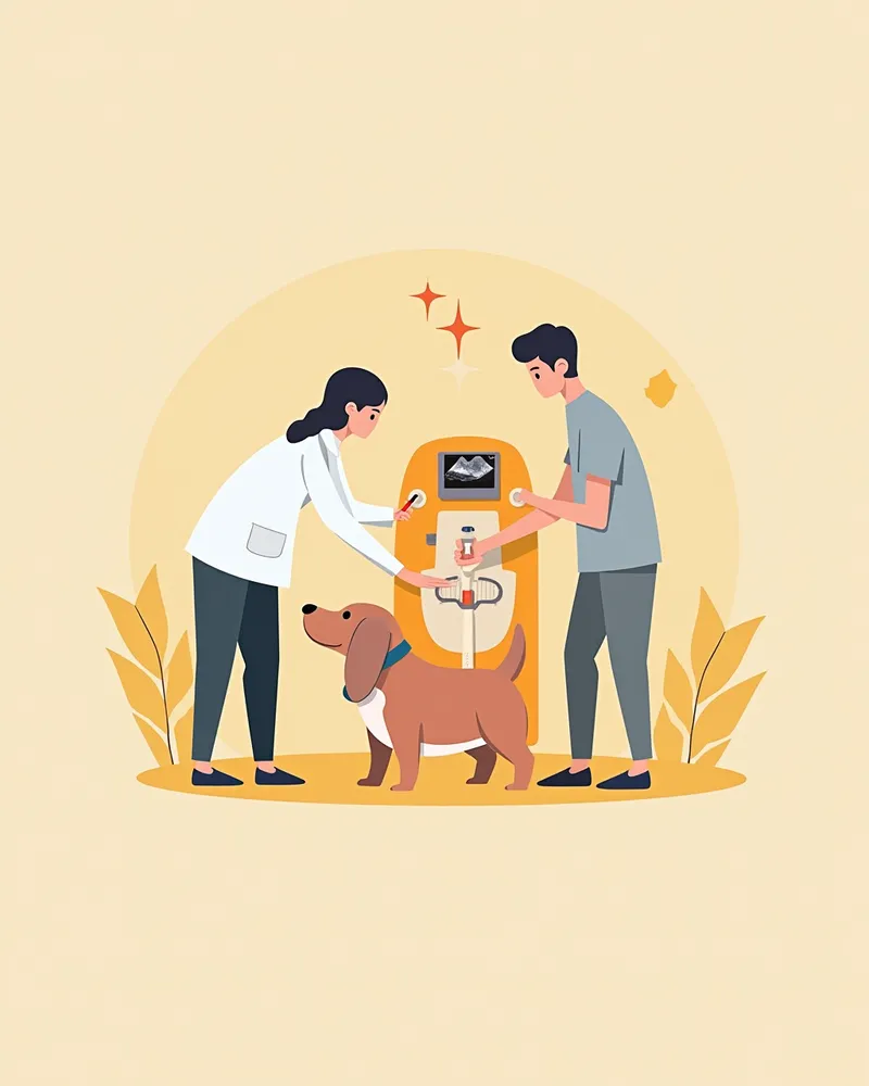 수의사가 강아지의 심장을 초음파로 검사하는 모습