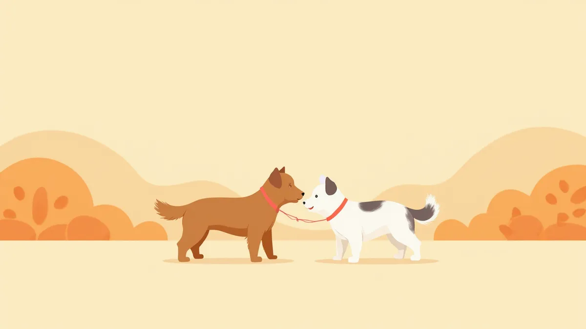 느슨한 줄 상태에서 서로 코를 맞대며 인사하는 강아지 두 마리