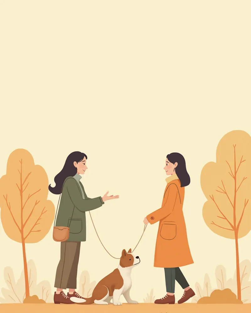 서로 인사해도 되는지 확인하는 두 보호자와 앉아 기다리는 강아지