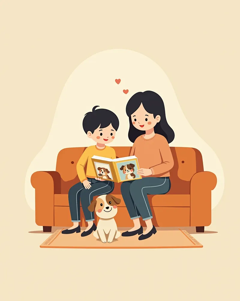 아이와 함께 강아지를 추억하는 부모