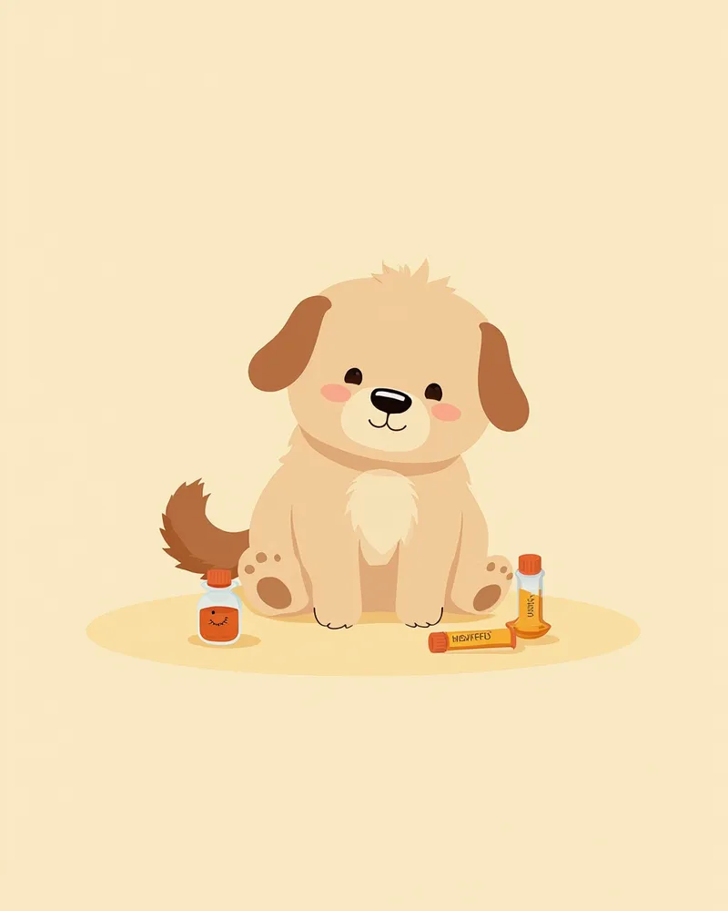혈액검사 샘플 옆에 앉아 있는 강아지 일러스트