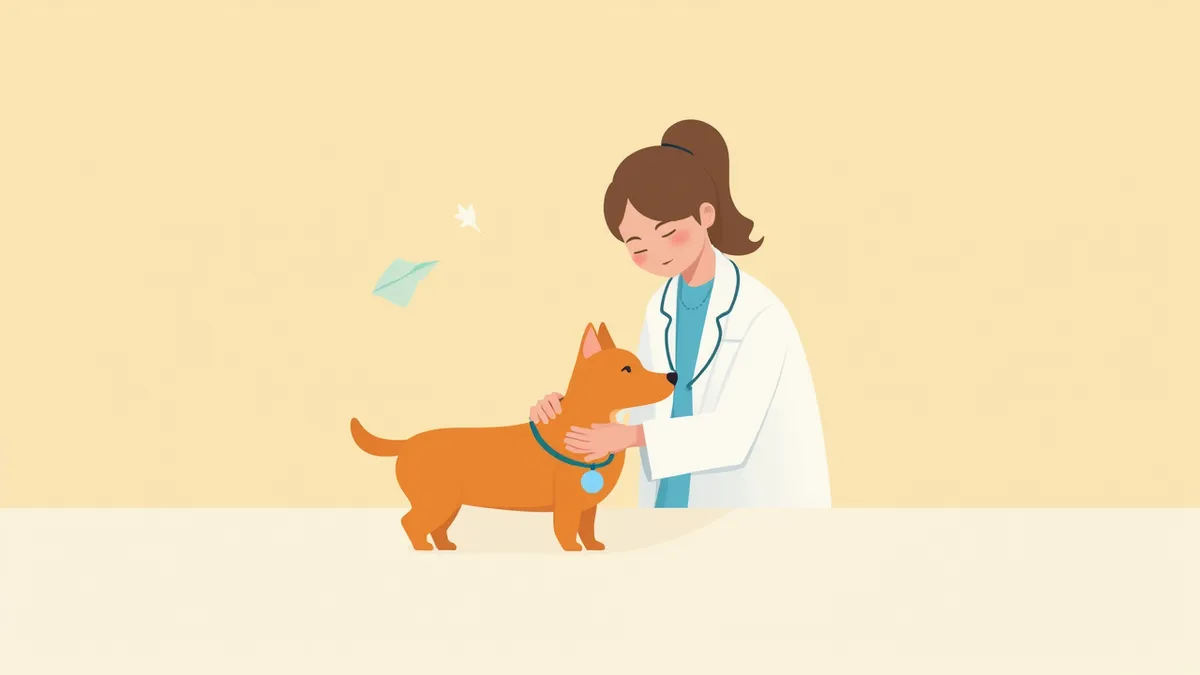 수의사가 청진기로 소형견의 심장을 검진하고 있는 모습