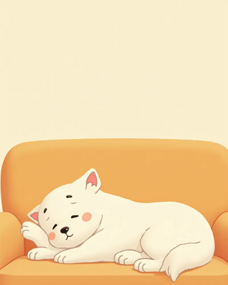 소파에 누워 기운 없이 쉬고 있는 소형 흰색 강아지