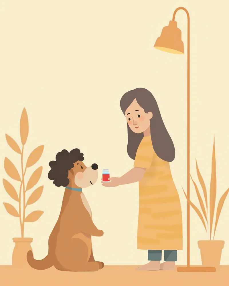 보호자가 집에서 소형견에게 약을 먹이고 있는 모습