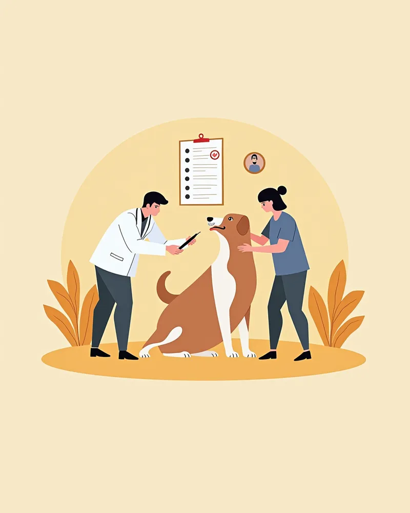 수의사가 멜라르소민 주사를 강아지에게 맞추는 모습, 주사기와 진료 기록이 보이는 장면