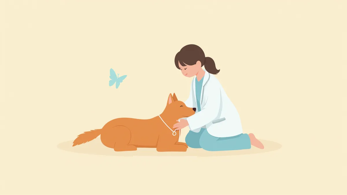 수의사가 강아지 잇몸을 부드럽게 살피는 일러스트