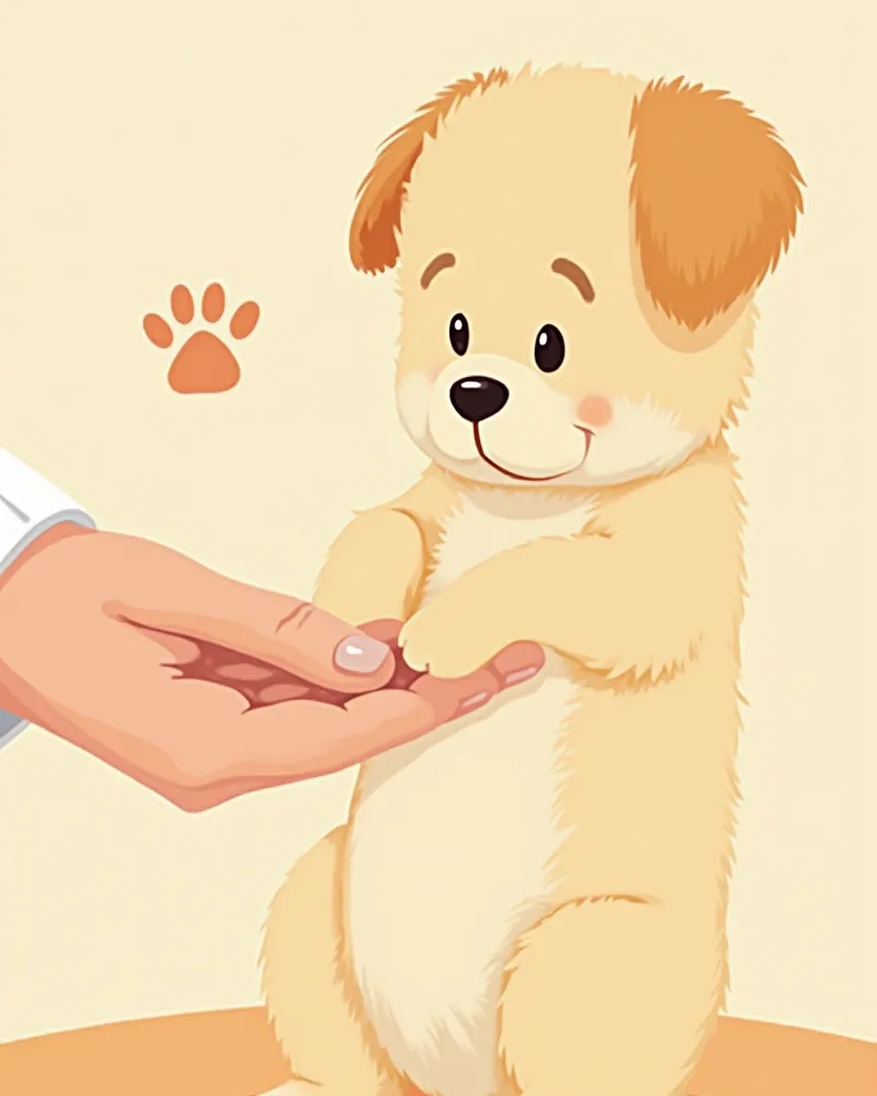 보호자가 강아지 발에 생긴 혈종을 조심스럽게 살피는 일러스트