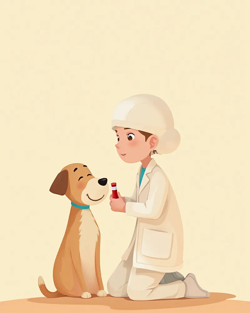강아지 혈액 샘플로 응고 검사를 준비하는 병원 일러스트