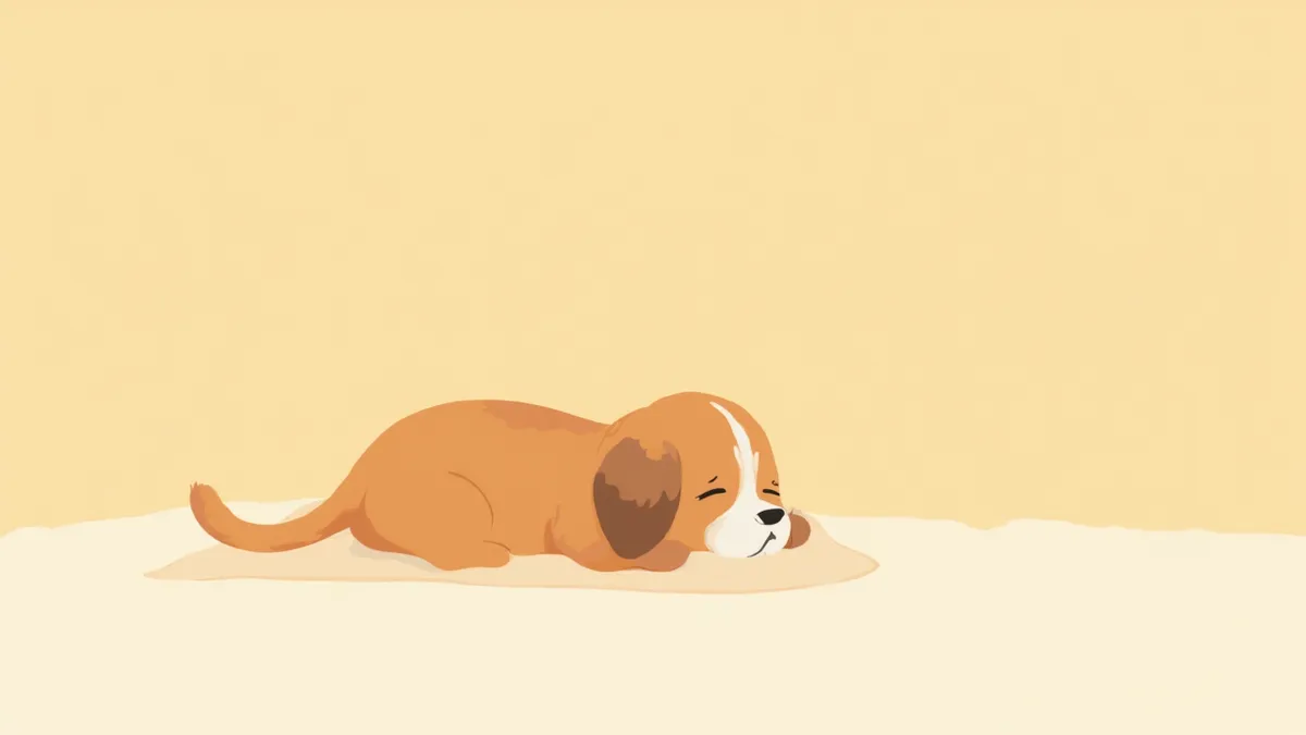 담요 위에 힘없이 누워 있는 작은 강아지, 살짝 노란빛이 도는 눈가가 보이는 일러스트