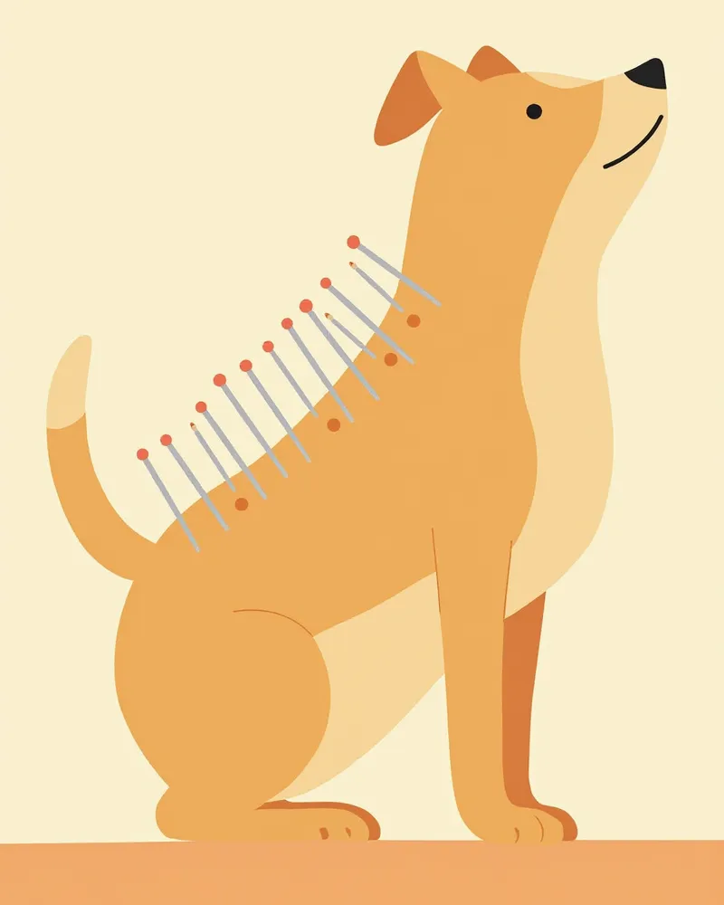 강아지 등에 놓인 침 치료 바늘 클로즈업