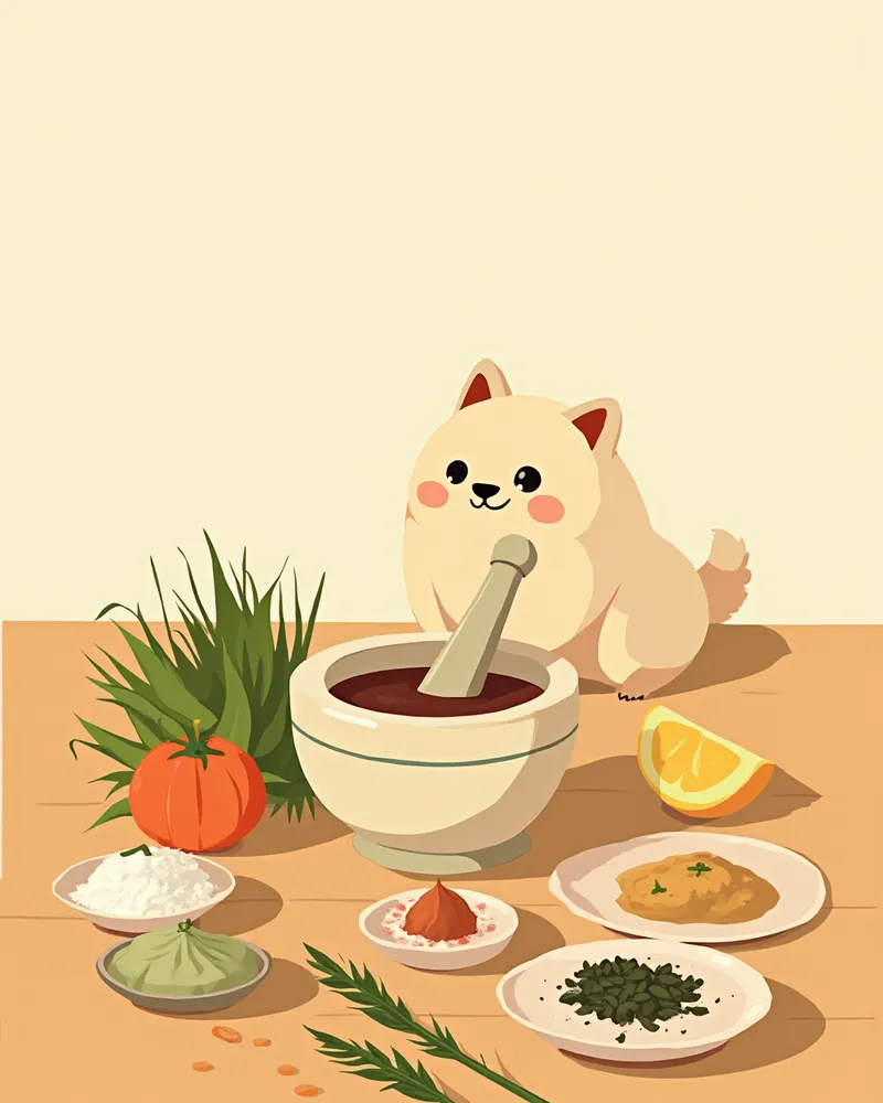 한약 약재가 정리된 테이블과 옆에서 구경하는 강아지