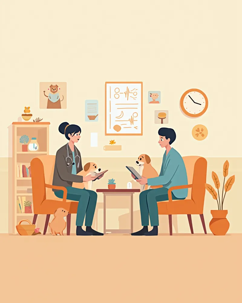 동물병원에서 수의사와 상담하는 보호자와 강아지