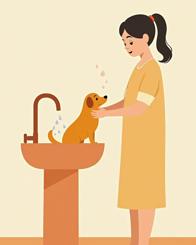 강아지 발바닥을 씻겨주는 보호자