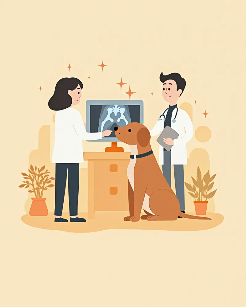 동물병원에서 대형견의 고관절을 검사하는 수의사