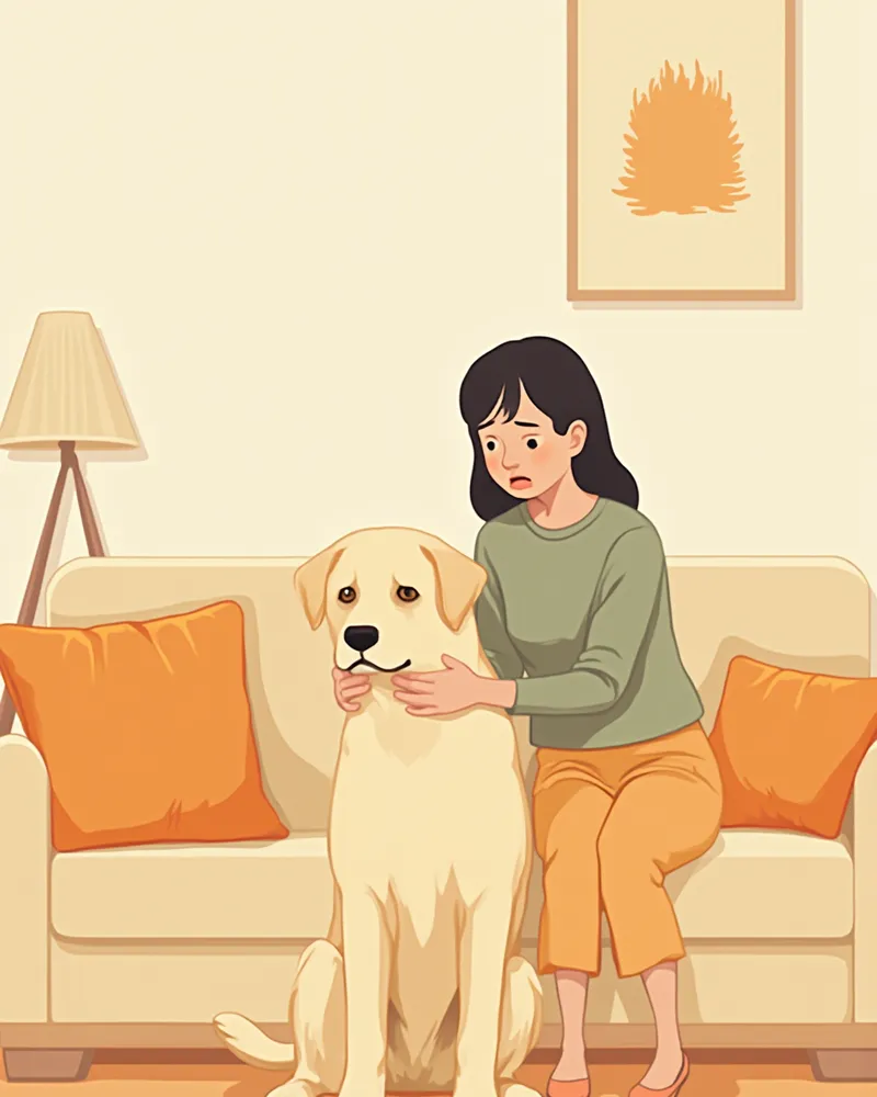 보호자가 래브라도 리트리버의 피부 상태를 걱정스럽게 살펴보는 모습