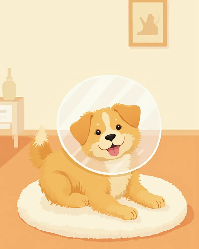 넥카라를 착용한 채 집에서 편안하게 쉬고 있는 강아지